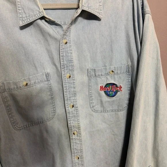 Vintage Men's Hard Rock Cafe London Long Sleeve Denim Shirt Size XL Cotton - Picture 2 of 7